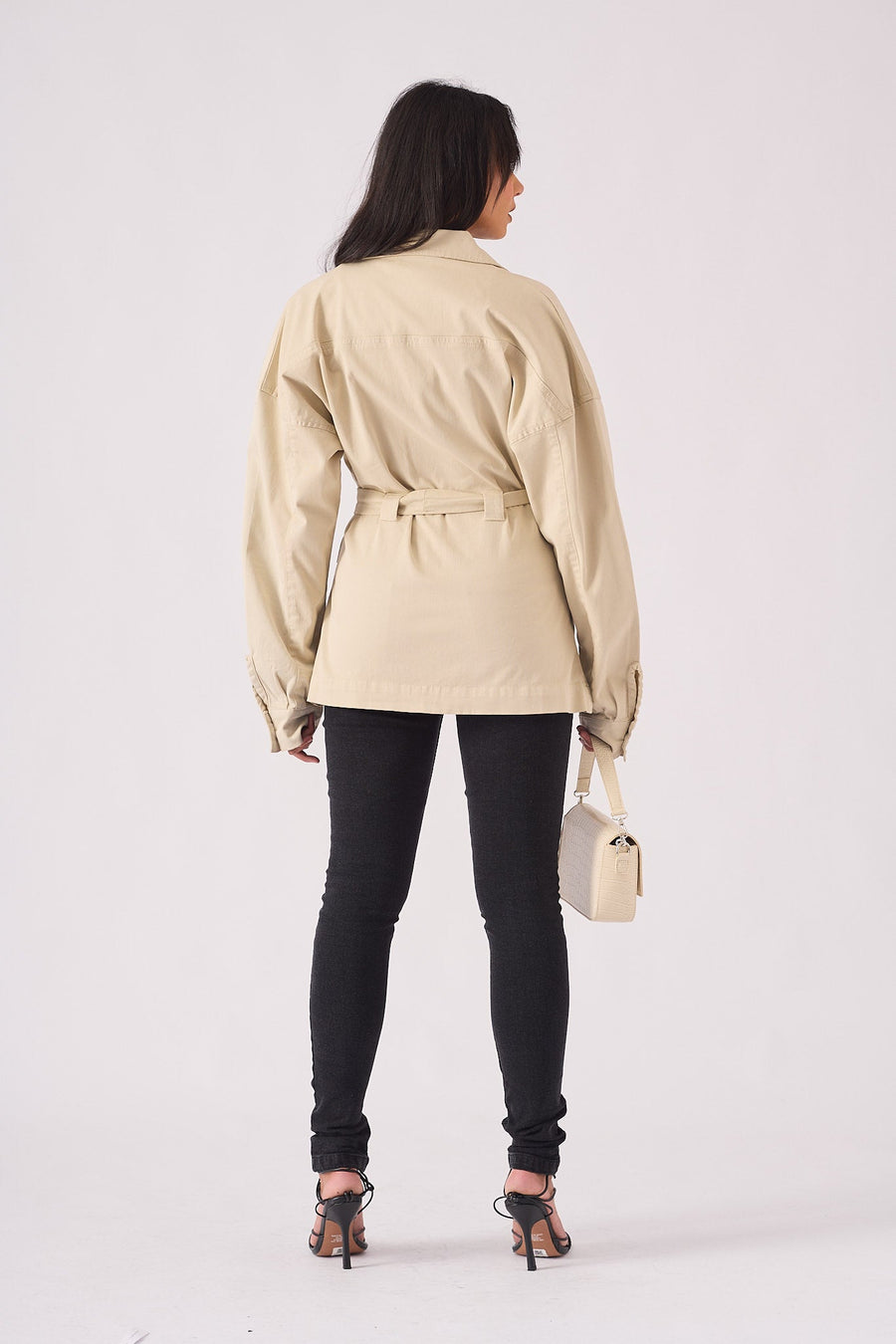 Utility Pocket Denim Cargo Jacket - BEIGE - JMOJO - Women's Cargo Denim Jackets Dress