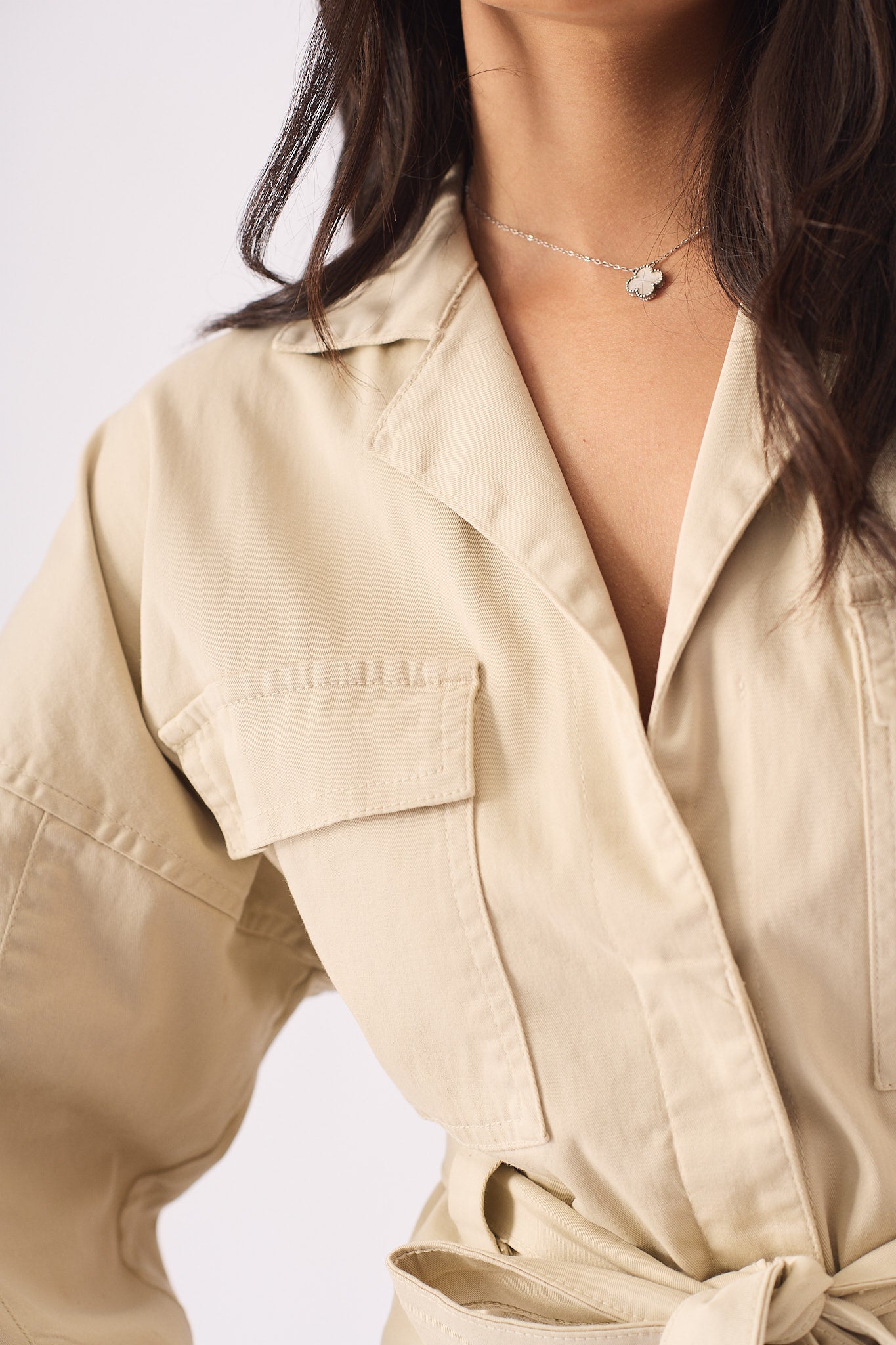 Utility Pocket Denim Cargo Jacket - BEIGE - JMOJO - Women's Cargo Denim Jackets Dress