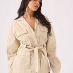 Utility Pocket Denim Cargo Jacket - BEIGE - JMOJO - Women's Cargo Denim Jackets Dress