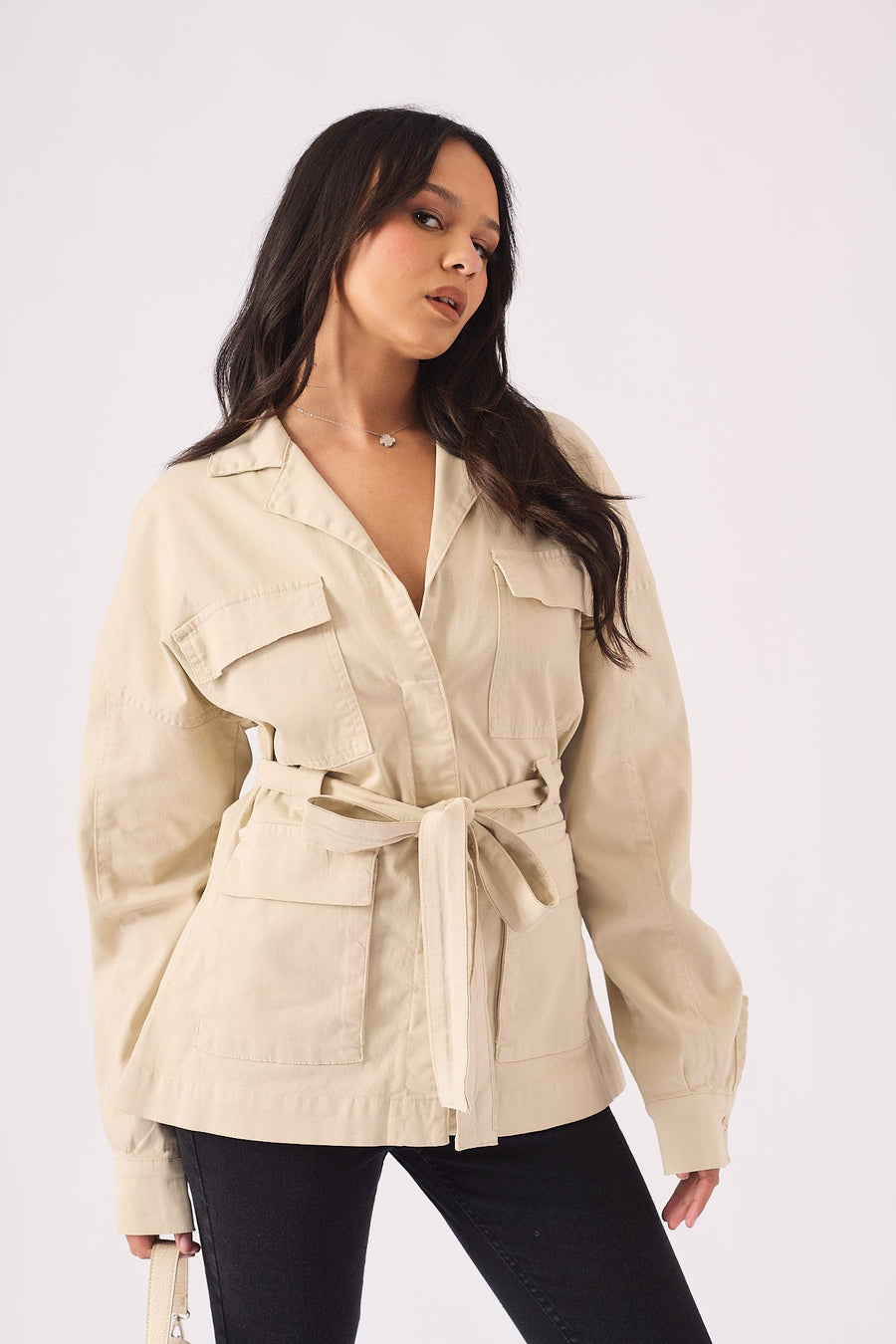 Utility Pocket Denim Cargo Jacket - BEIGE - JMOJO - Women's Cargo Denim Jackets Dress