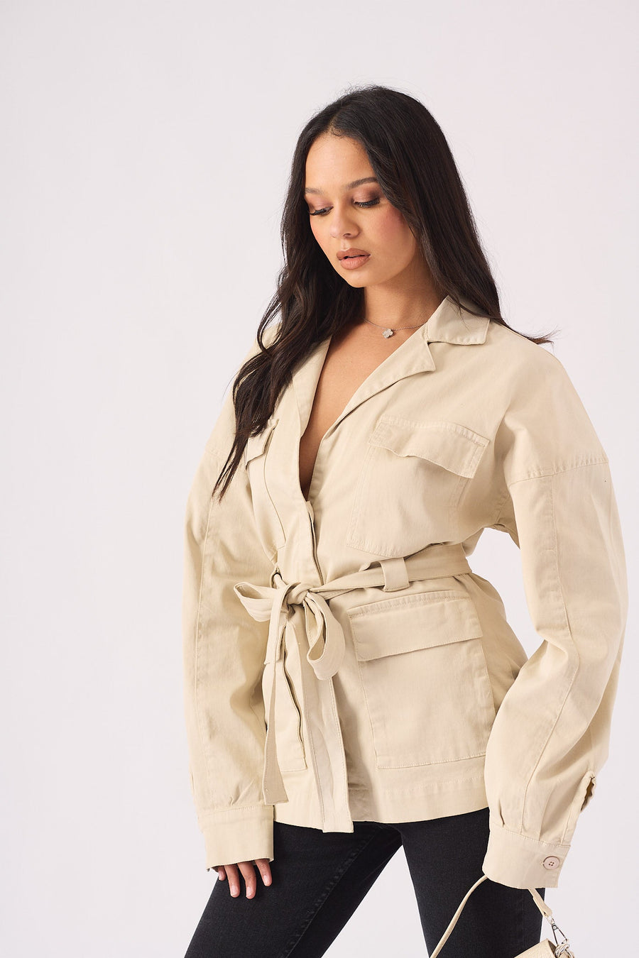 Utility Pocket Denim Cargo Jacket - BEIGE - JMOJO - Women's Cargo Denim Jackets Dress