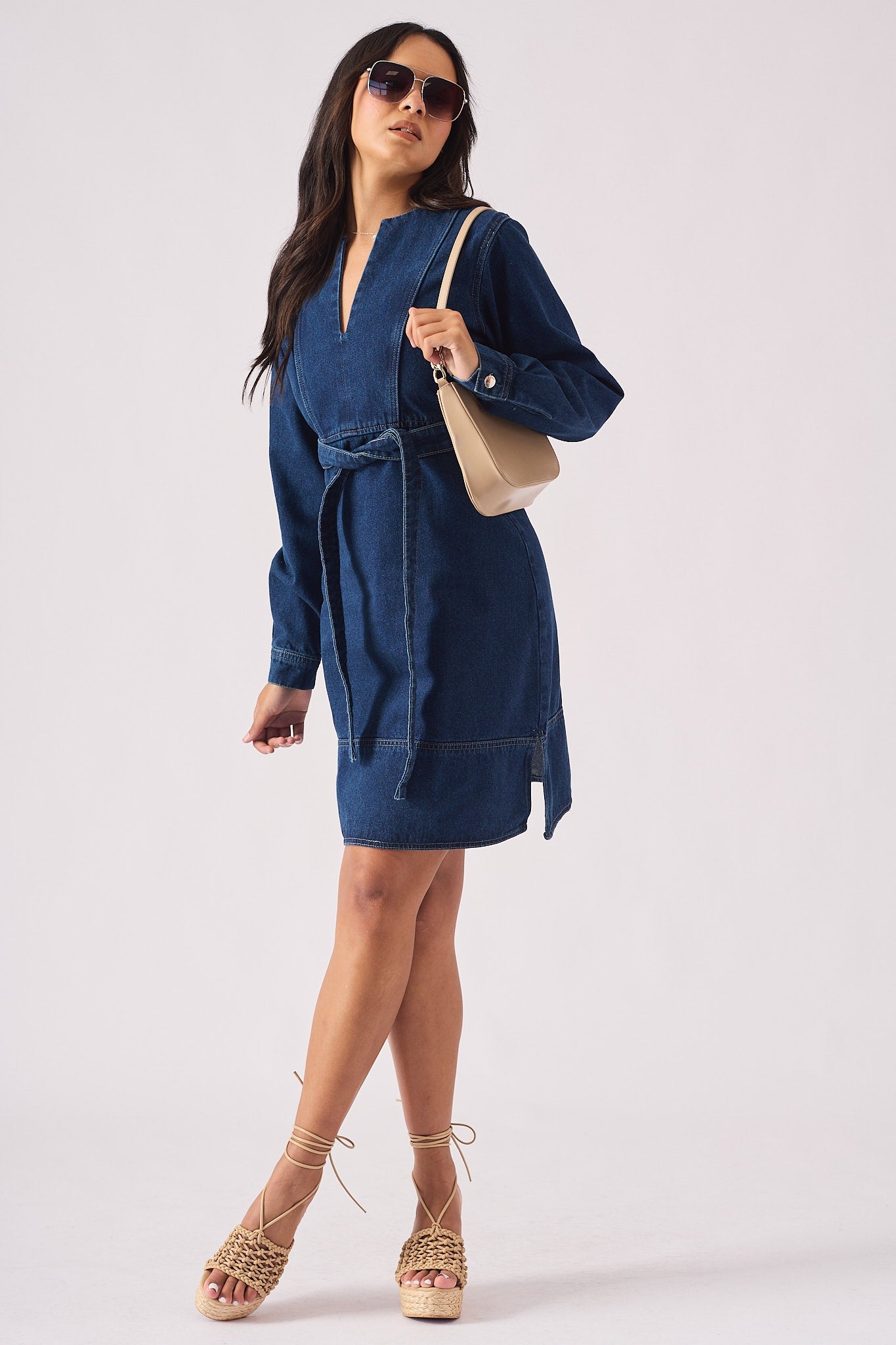 V - NECK WRAP DRESS - DARK BLUE - JMOJO - Women's Denim Dresses