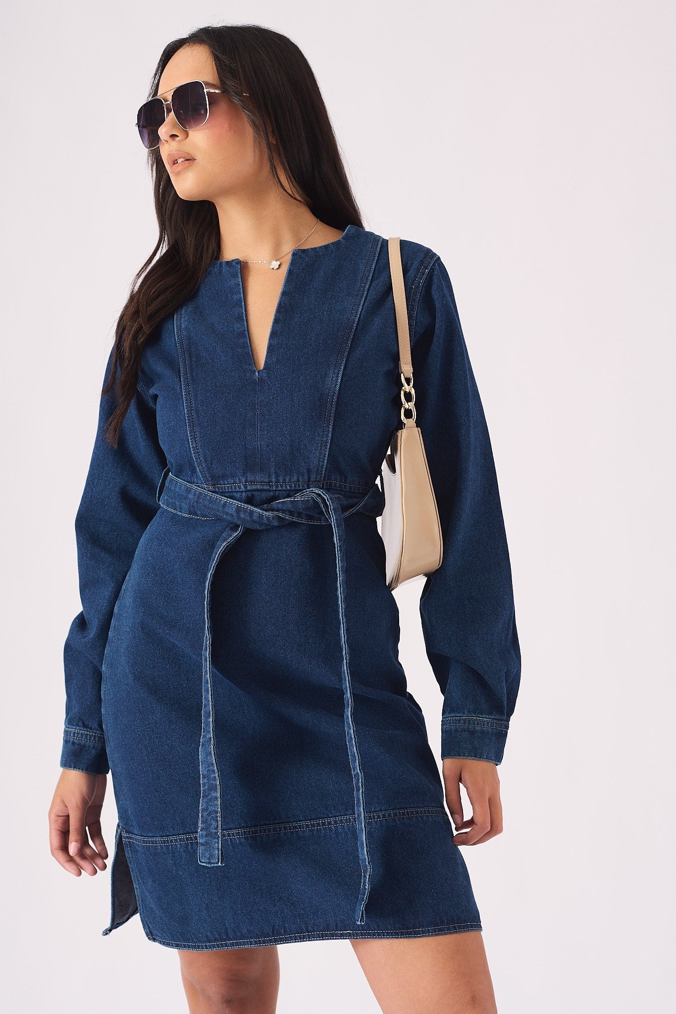 V - NECK WRAP DRESS - DARK BLUE - JMOJO - Women's Denim Dresses
