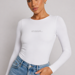 White crew neck bodysuit front close up showing logo