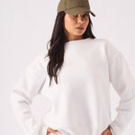 Front view of a high quality white crew neck jumper with a comfortable ribbed neckline