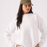 Front view of a high quality white crew neck jumper with a comfortable ribbed neckline