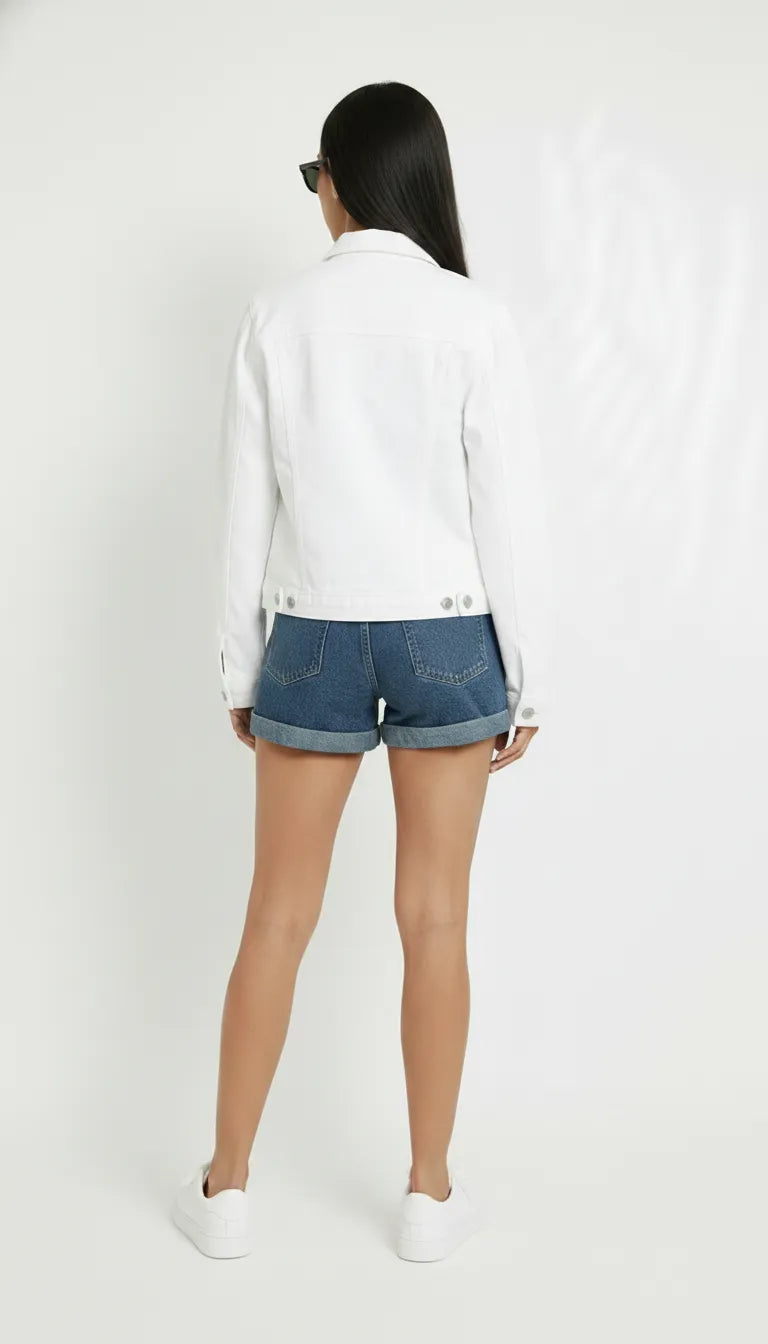 Back view of white denim trucker jacket for women showing clean design and regular fit