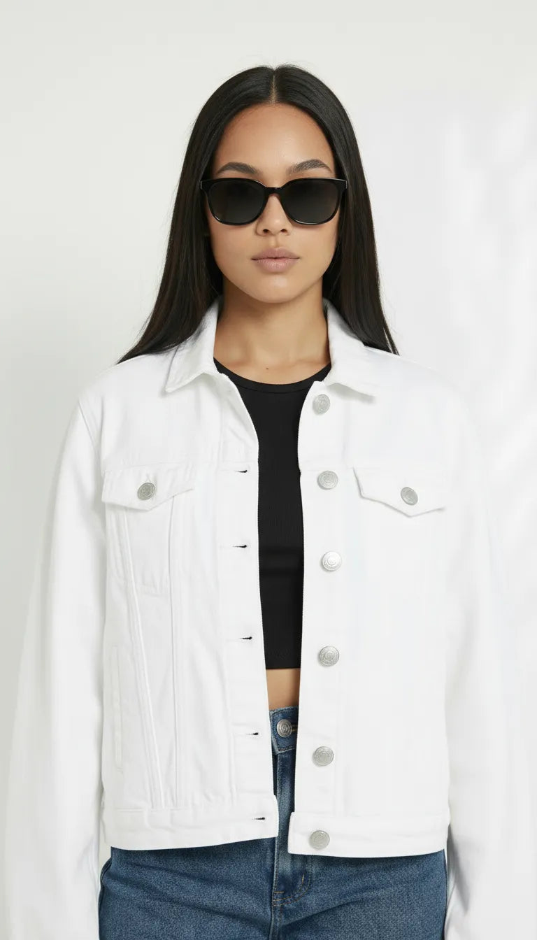 Close up of white denim jacket showing silver buttons, chest pockets, and classic collar detail
