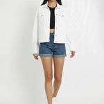 Women's white denim trucker jacket front view with button closure and chest pockets - casual cotton jean jacket