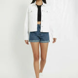 Women's white denim trucker jacket front view with button closure and chest pockets - casual cotton jean jacket