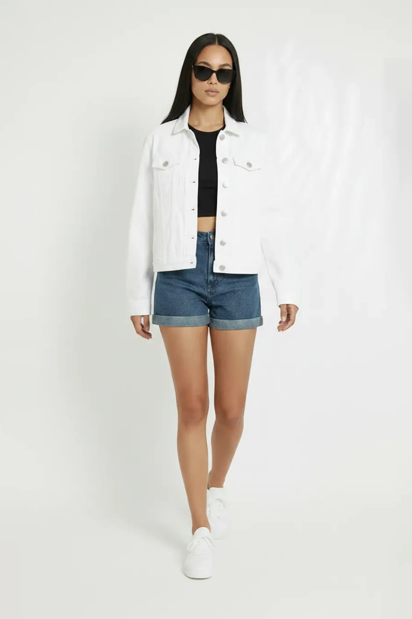Women's white denim trucker jacket front view with button closure and chest pockets - casual cotton jean jacket