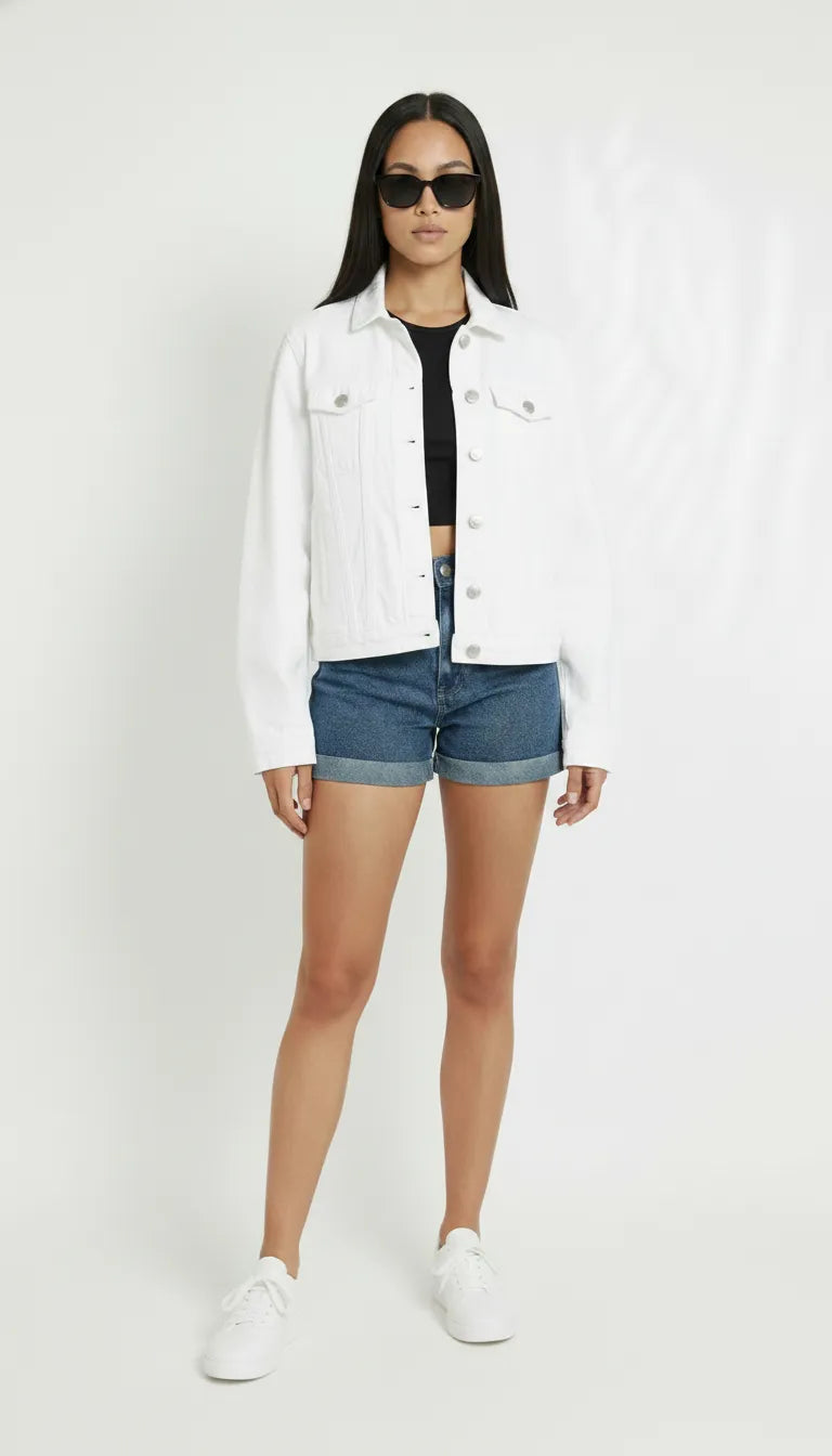 Full front view of white denim trucker jacket for women - classic collar, button front, chest pockets, regular fit