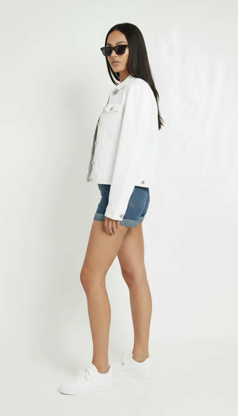 Side profile view of women's white denim jacket showing slim fit, sleeve length, and clean hemline