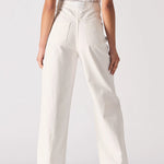 Rear view of white denim jeans highlighting back pocket placement and high-waist fit.