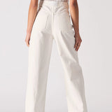 Rear view of white denim jeans highlighting back pocket placement and high-waist fit.