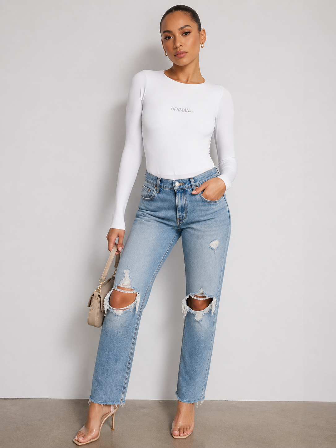 White long sleeve bodysuit full front view with thumbhole cuffs