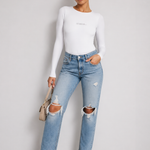 White long sleeve bodysuit full front view with thumbhole cuffs