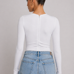 White long sleeve bodysuit showing invisible zip back closure