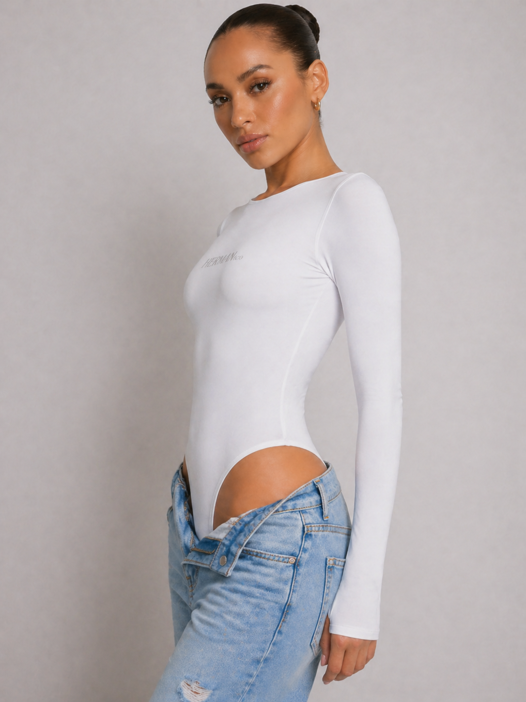 White long sleeve shaping bodysuit angled side view