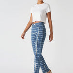 Model walking to show the fit of White Mist Blue Straight Leg Women's Jeans