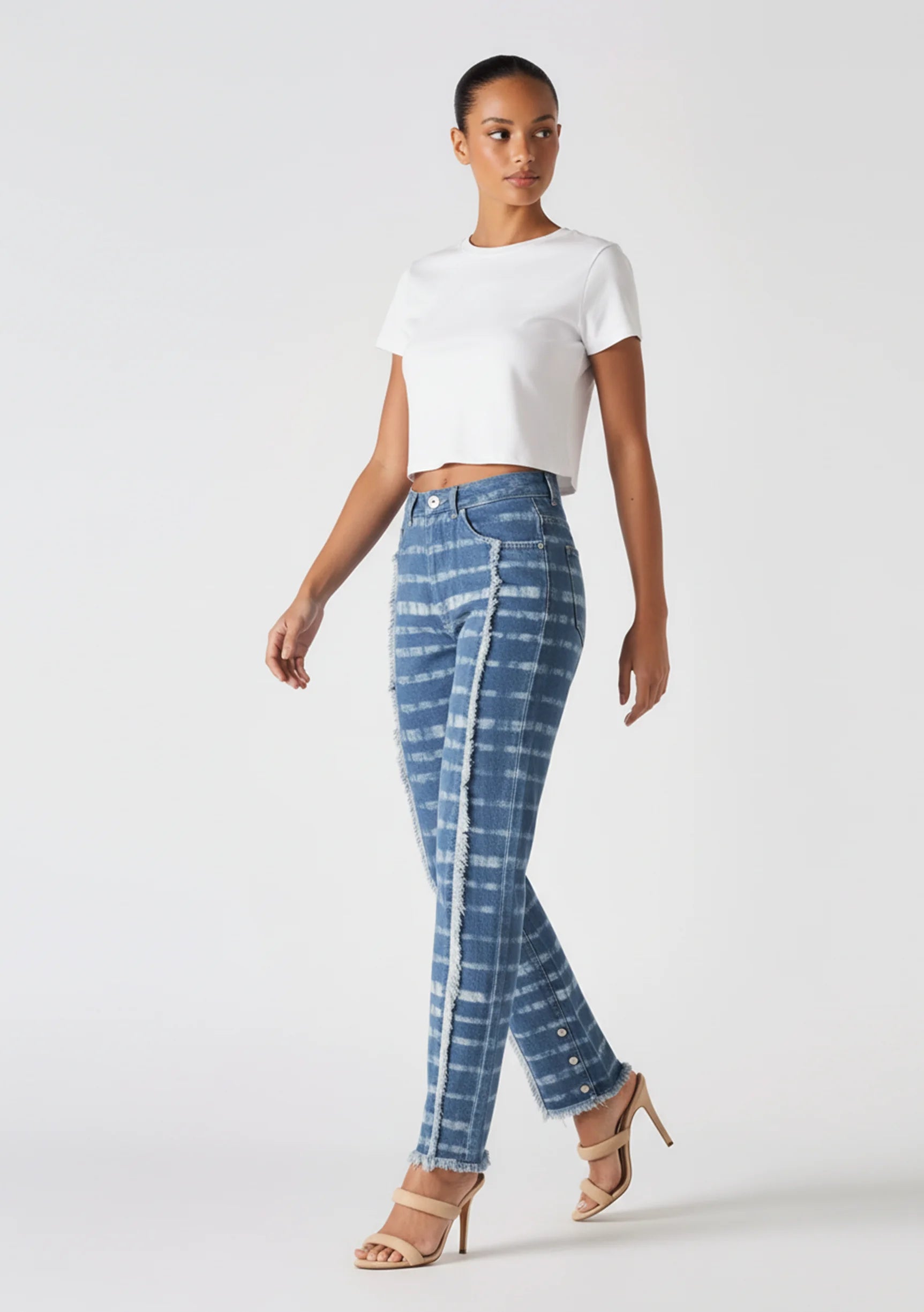 Model walking to show the fit of White Mist Blue Straight Leg Women's Jeans