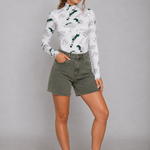 White printed mock neck thumbhole bodysuit full body length