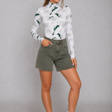 White printed mock neck thumbhole bodysuit full body length