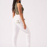 Rear view showing the flattering fit of the white tapered jogger womens.