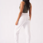 Back view showing the cuffed ankles and fit of the white tapered jogger womens.