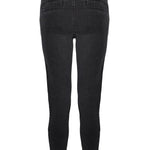 womens black biker jeans flat lay back view vegan leather label