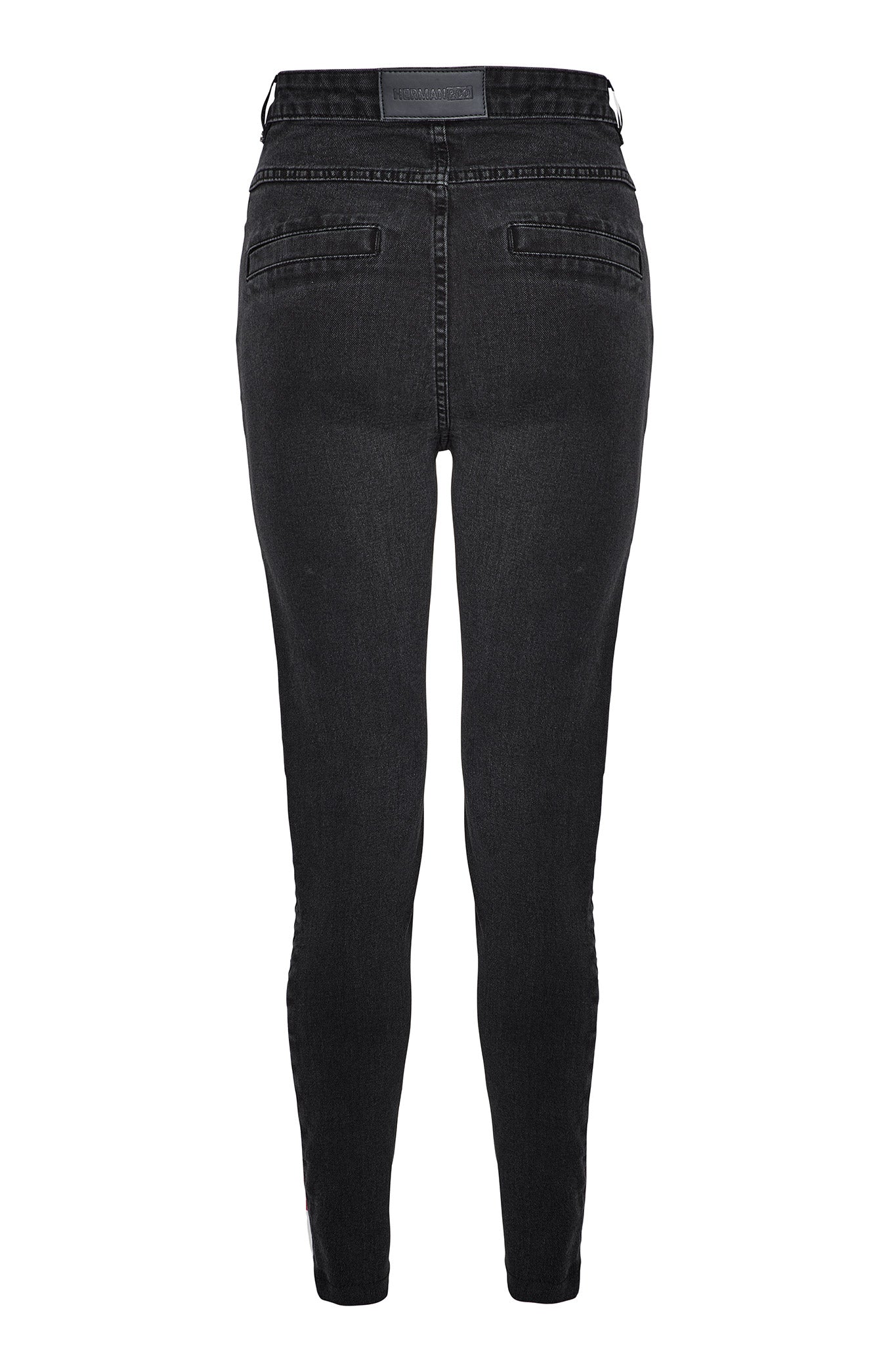 womens black biker jeans flat lay back view vegan leather label