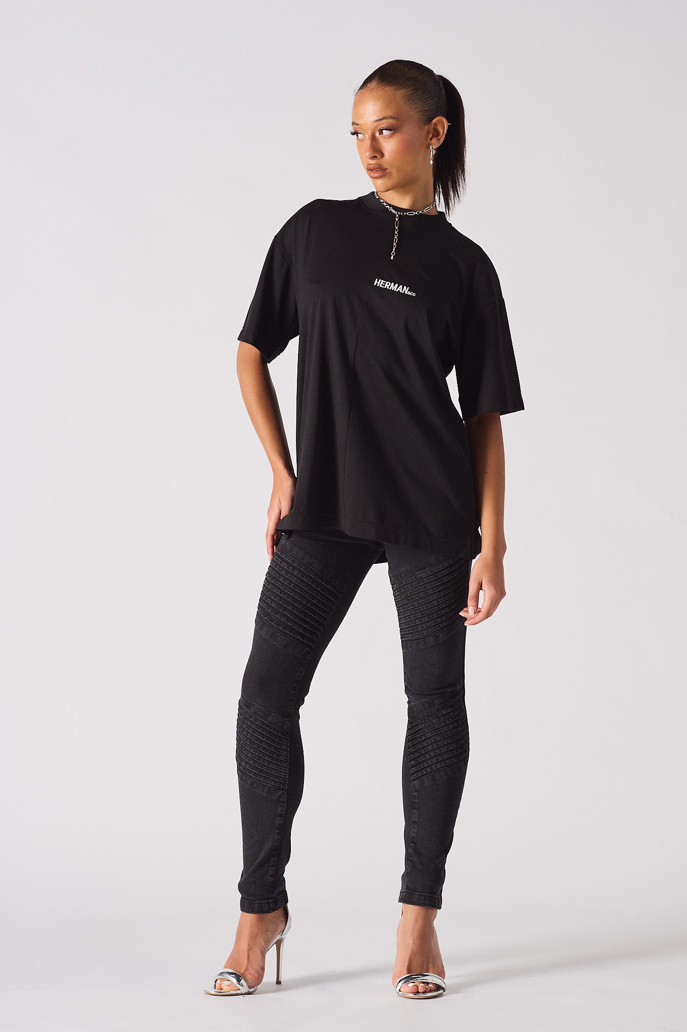 womens black biker jeans full front look styled outfit