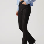 Front view of women's black bootcut jeans featuring vertical center seams and contrast stitching
