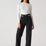 Womens black cut out straight leg jeans front view