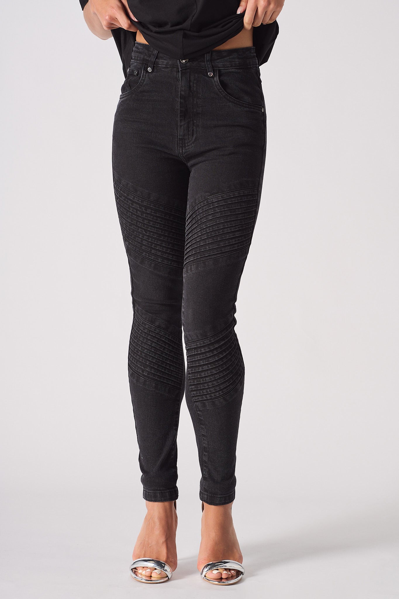 womens black jeans biker style front view ribbed thigh and knee detail