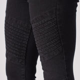 womens black skinny jeans ribbed knee biker panel detail close up