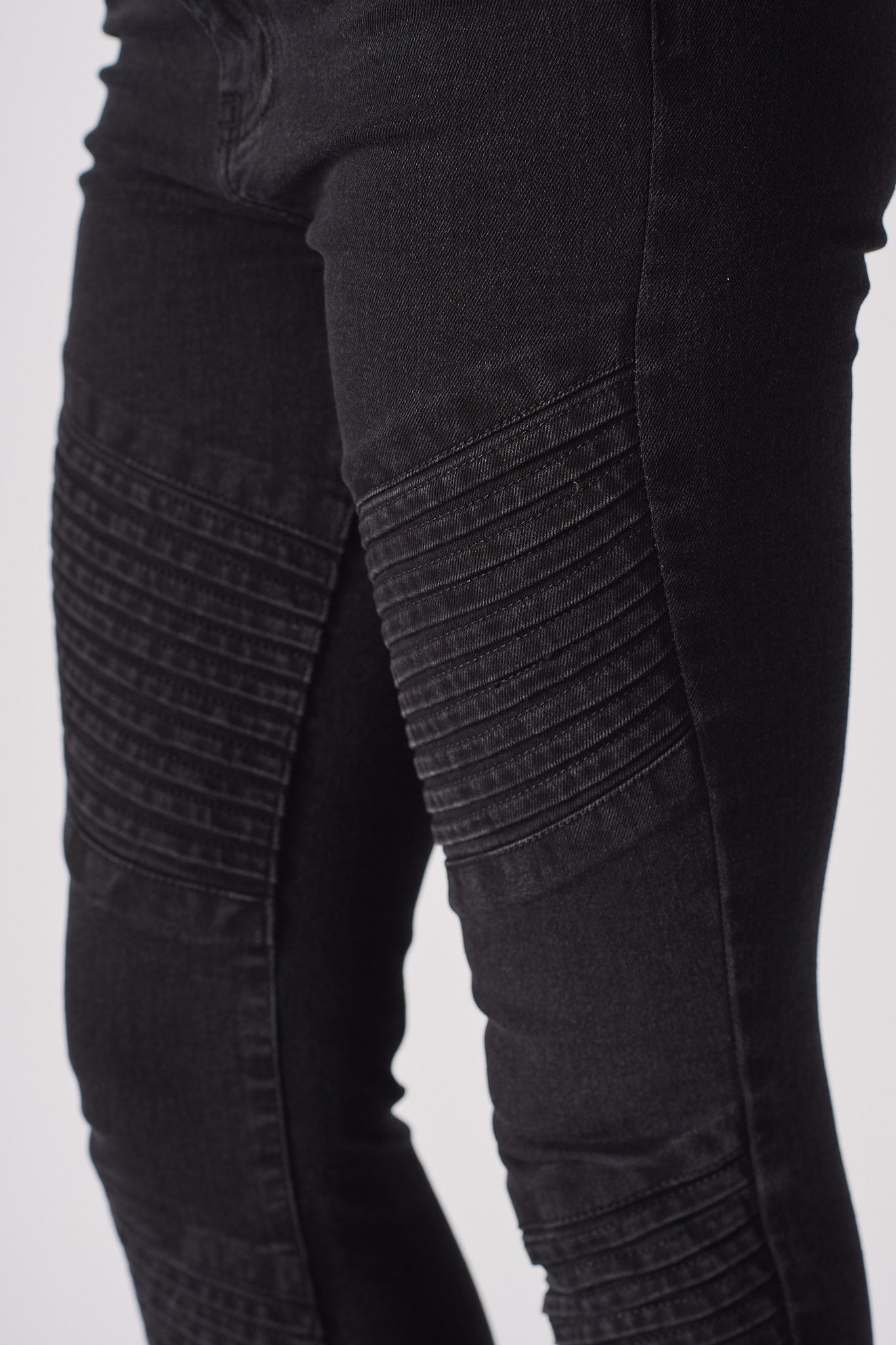 womens black skinny jeans ribbed knee biker panel detail close up