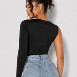 Back view of a woman wearing a Women's Black Ruched One Shoulder Asymmetric Bodysuit