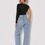 Full length back view of a woman in a Women's Black One Shoulder Long Sleeve Ruched Bodysuit with jeans