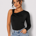 Front view of a woman wearing a Women's Black One Shoulder Ruched Slinky Bodysuit with blue jeans