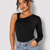Front view of a woman wearing a Women's Black One Shoulder Ruched Slinky Bodysuit with blue jeans