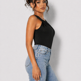 Side view showing sleeveless bare shoulder of a Women's Black One Shoulder Ruched Going Out Bodysuit