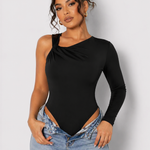 Close up front view of a Women's Black One Shoulder Long Sleeve Ruched Bodysuit showing twisted ruched neckline detail