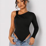 Close up front view of a Women's Black One Shoulder Long Sleeve Ruched Bodysuit showing twisted ruched neckline detail
