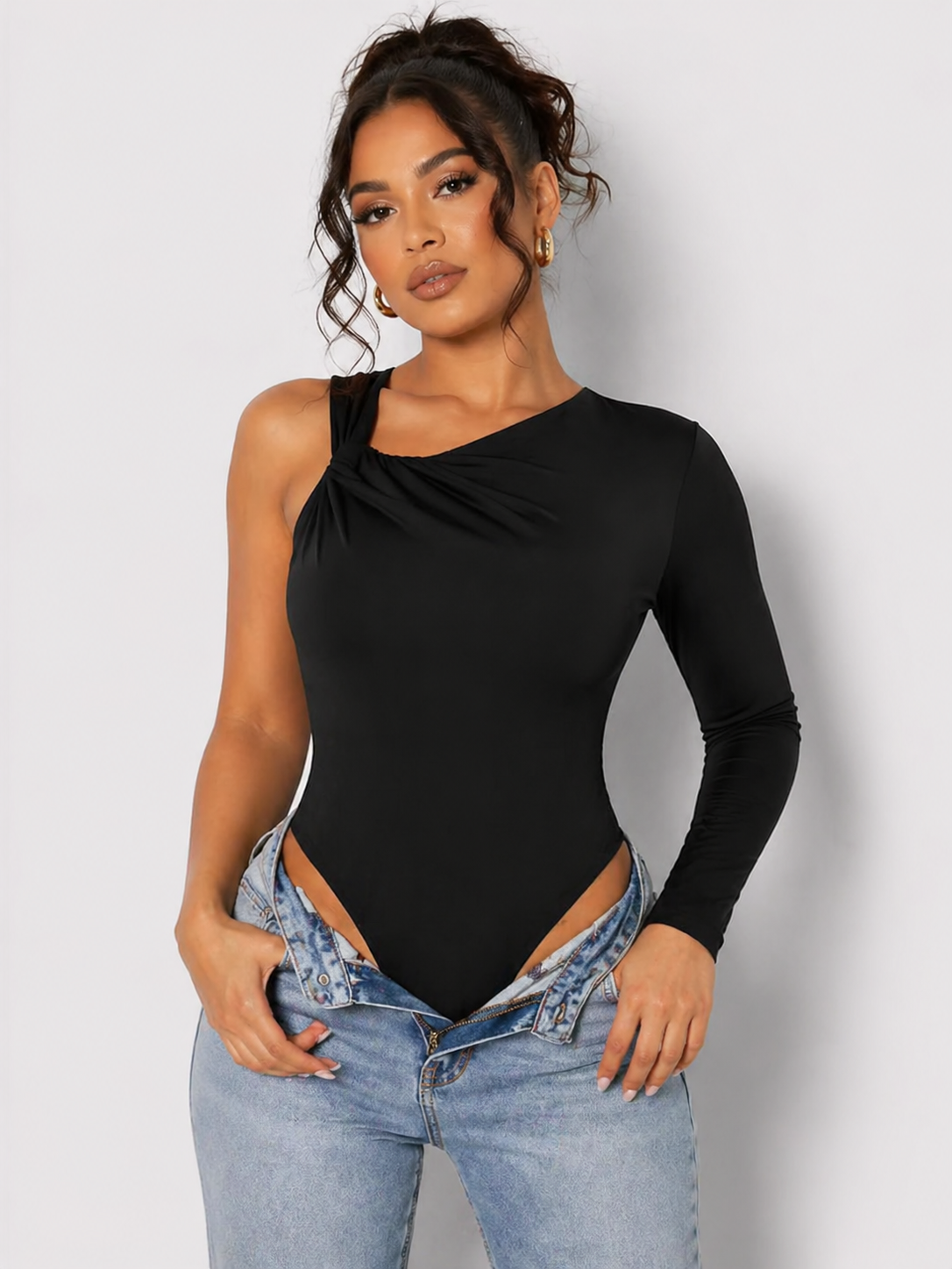 Close up front view of a Women's Black One Shoulder Long Sleeve Ruched Bodysuit showing twisted ruched neckline detail