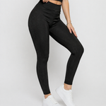 Close up view of Women's Black Ribbed High Waist Leggings showing elasticated waistband and pintuck stripe detail