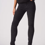 womens black skinny biker jeans front view ribbed knee panel detail
