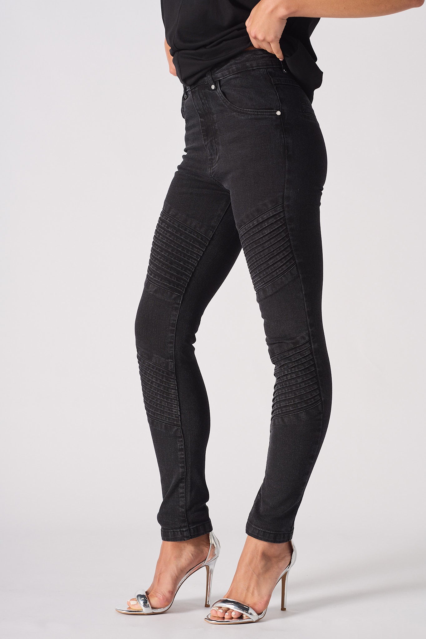 womens black skinny biker jeans side profile high waist fit
