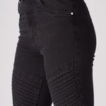 womens black skinny biker jeans high waist silver hardware and ribbed biker panel close up