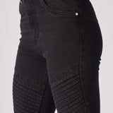 womens black skinny biker jeans high waist silver hardware and ribbed biker panel close up